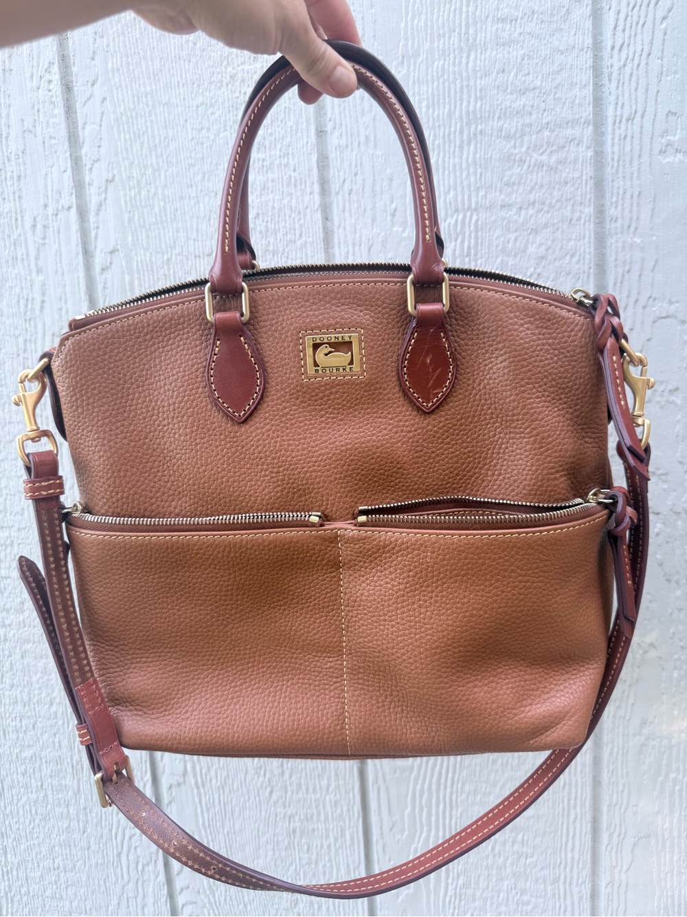 Dooney & Bourke Tan Pebbled Leather Satchel with Dark Trim